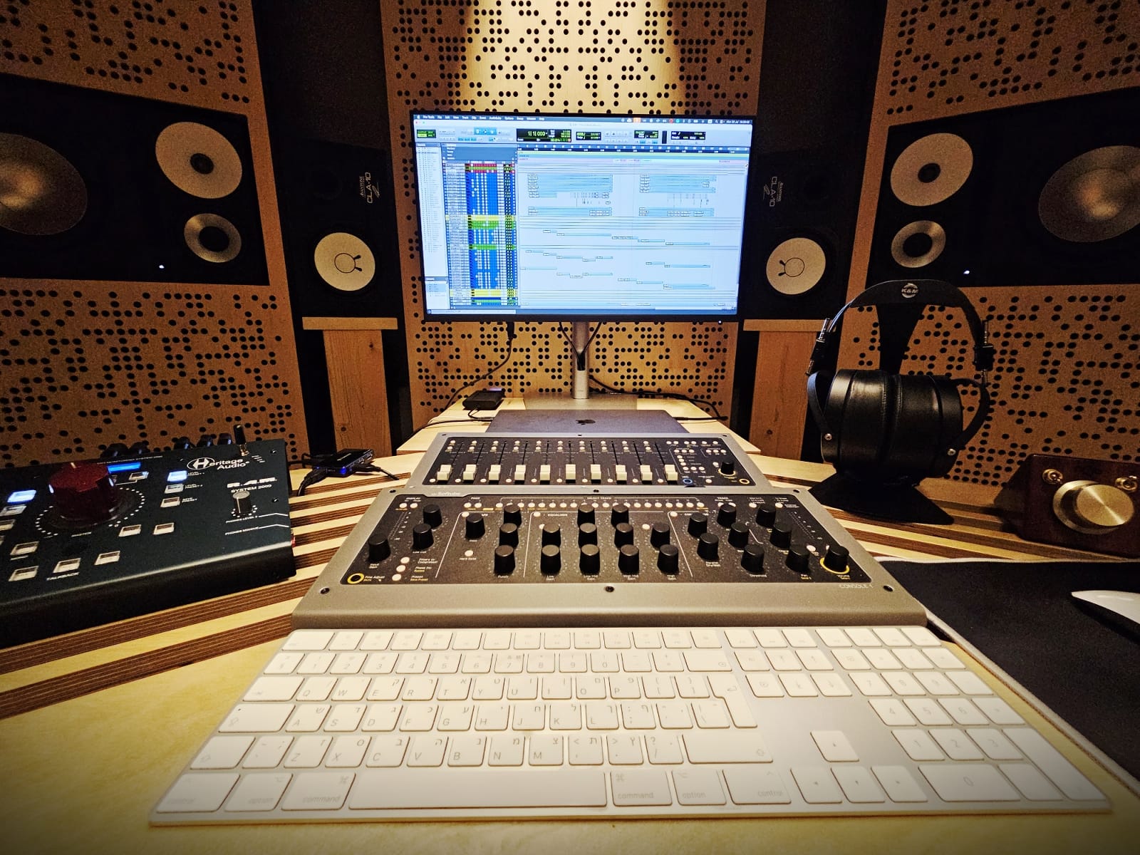Main monitors and the acoustically treated control room